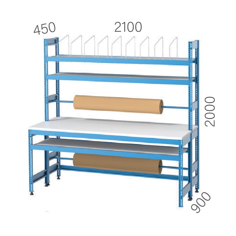 3412 – PACKAGING BENCH WITH 2 ROLL HOLDER BARS, SHELVES AND PEGBOARD 3412 – PACKAGING BENCH WITH 2 ROLL HOLDER BARS, SHELVES AND PEGBOARD