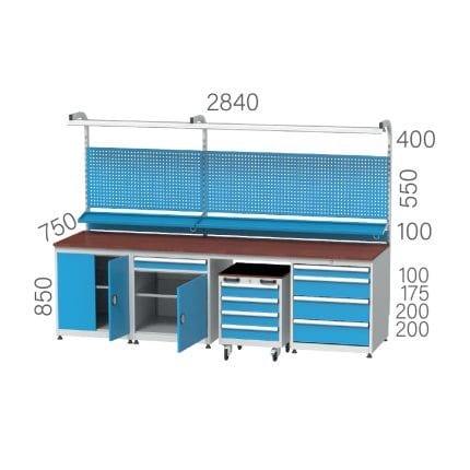 3429 – WORKBENCH 9 DRAWERS, CABINET 2 DOORS 4 DRAWER CARTS, PEGBOARD, LIGHTING (2840X750X850+1050 MM)