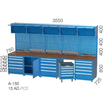 3501 – WORKBENCH WITH 15 DRAWERS, 5 UPPER CABINETS AND TOOL TROLLEY