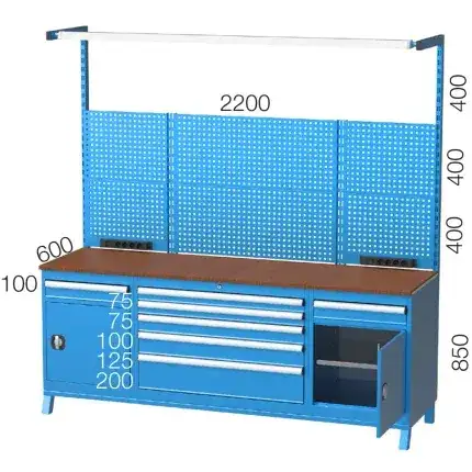 3645 – WORKBENCH WITH 10 DRAWERS, 2 CUPBOARDS,  PEGBOARD AND LIGHTING SYSTEM