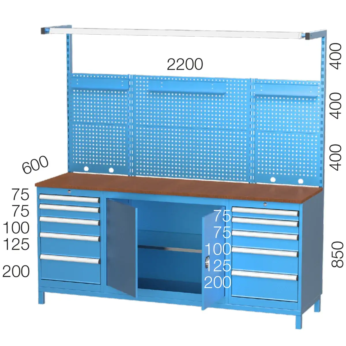 3648 – WORKBENCH WITH 10 DRAWERS, PEGBOARD, LINBIN SHELVES AND LIGHTING SYSTEM 3648 – WORKBENCH WITH 10 DRAWERS, PEGBOARD, LINBIN SHELVES AND LIGHTING SYSTEM