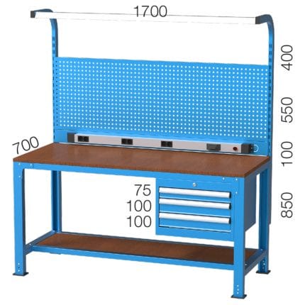 3770 –  WORKBENCH WITH  3 DRAWERS , PEGBOARD AND LIGHTING SYSTEM