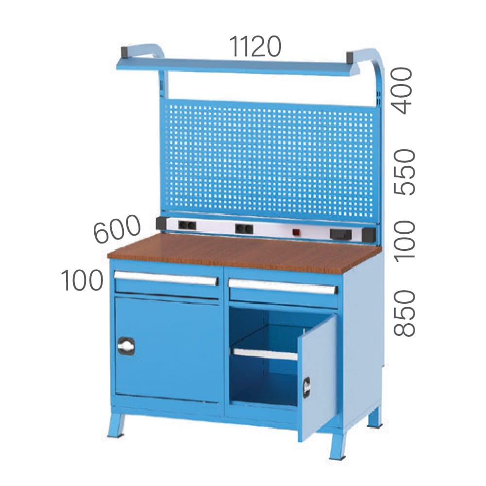 3917 – WORKBENCH WITH 2 DRAWERS , 2 CUPBOARDS, PEGBOARD AND LIGHTING SYSTEM 3917 – WORKBENCH WITH 2 DRAWERS , 2 CUPBOARDS, PEGBOARD AND LIGHTING SYSTEM
