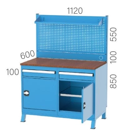 3919- WORKBENCH WITH 2 DRAWERS , 2 CUPBOARD AND PEGBOARD