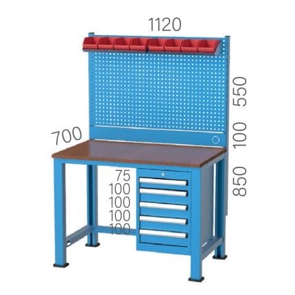 3944 – WORKBENCH WITH 5 DRAWERS, PEGBOARD AND LINBIN BOXES