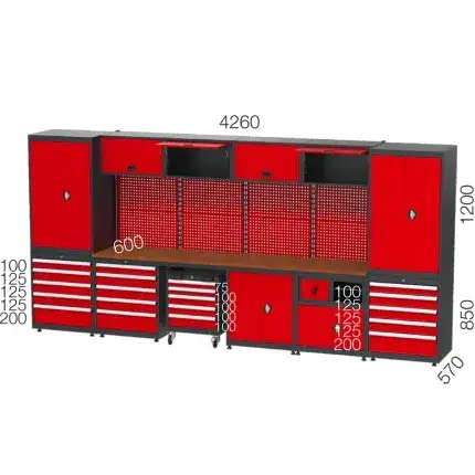 8970 – GARAGE SET WITH 15 DRAWERS , WORKBENCH , MATERIAL CABINETS, TOOL TROLLEY AND PEGBOARD