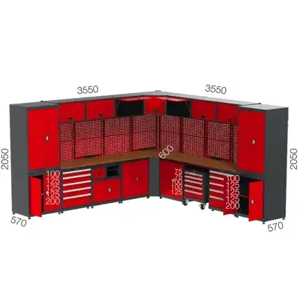 8985 – CORNER GARAGE SET WITH 10 DRAWERS, WORKBENCH, MATERIAL CABINETS, TOOL TROLLEY AND PEGBOARD