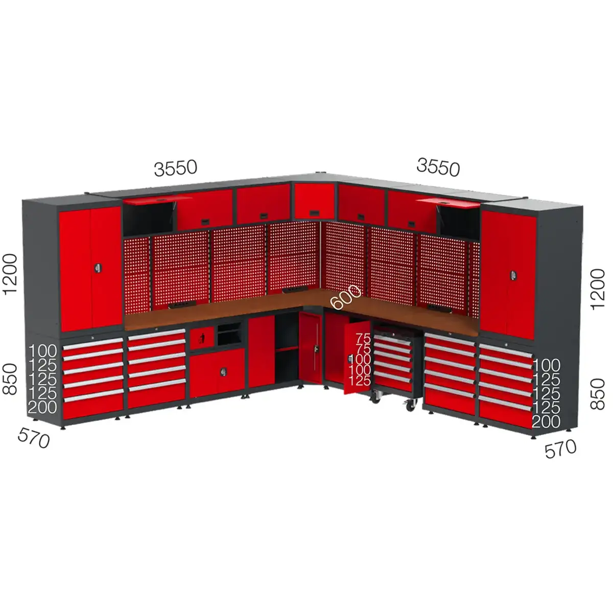 8990 – CORNER GARAGE SET WITH 20 DRAWERS, WORKBENCH, MATERIAL CABINETS, TOOL TROLLEY AND PEGBOARD 8990 – CORNER GARAGE SET WITH 20 DRAWERS, WORKBENCH, MATERIAL CABINETS, TOOL TROLLEY AND PEGBOARD