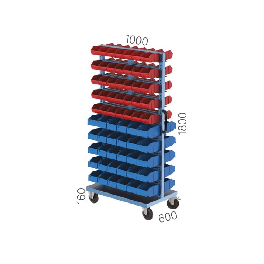 4071 – MOBILE PLASTIC BIN STAND WITH 130 BOXES 4071 – MOBILE PLASTIC BIN STAND WITH 130 BOXES