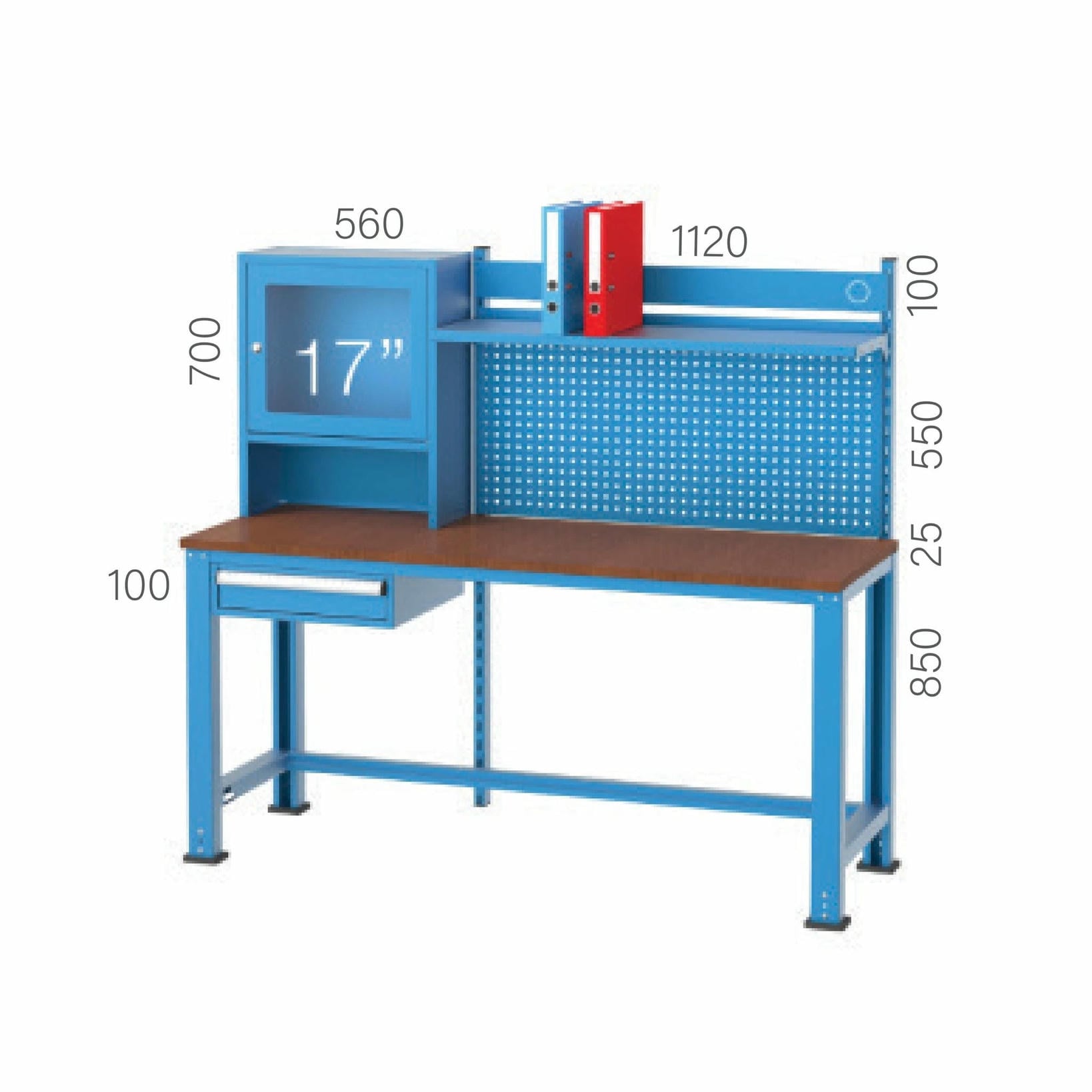 SINGLE DRAWER, PEGBOARD 17″ LCD SCREEN COMPUTER CABINET WITH WORKBENCH