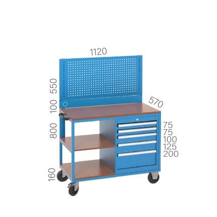 8027 – MOBILE WORKBENCH WITH 5 DRAWERS, 2 SHELVES AND PEGBOARD