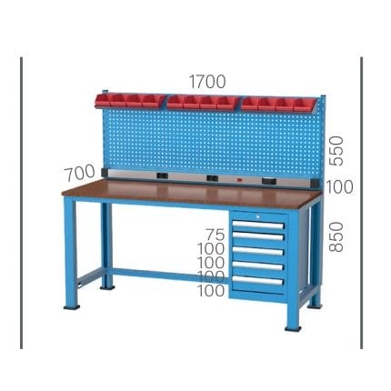 3140 – WORKBENCH WITH 5 DRAWERS , PEGBOARD  POWER BAR AND LINBIN BOXES