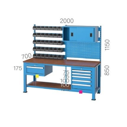 3270 – WORKBENCH WITH 6 DRAWERS, LINBIN BOXES  AND UPPER CABINET