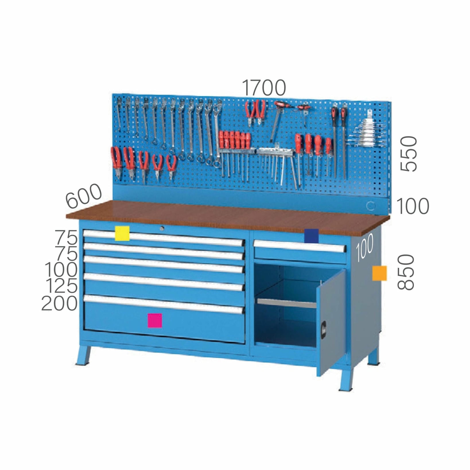 3485 – WORKBENCH WITH 6 DRAWERS ,CUPBOARD, PEGBOARD AND LIGHTNING SYSTEMS 3485 – WORKBENCH WITH 6 DRAWERS ,CUPBOARD, PEGBOARD AND LIGHTNING SYSTEMS