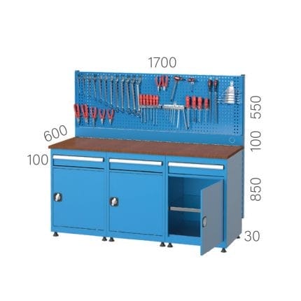 3590 – WORKBENCH WITH 3 DRAWERS, 3 CUPBOARD AND PEGBOARD
