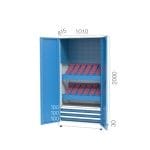 2130 – CNC TOOL CABINET WITH 1 DRAWER, 2 INCLINED CNC HOLDER SHELVES, 2 MOBILE SHELVES WITH CNC HOLDERS, 1 FIXED SHELF