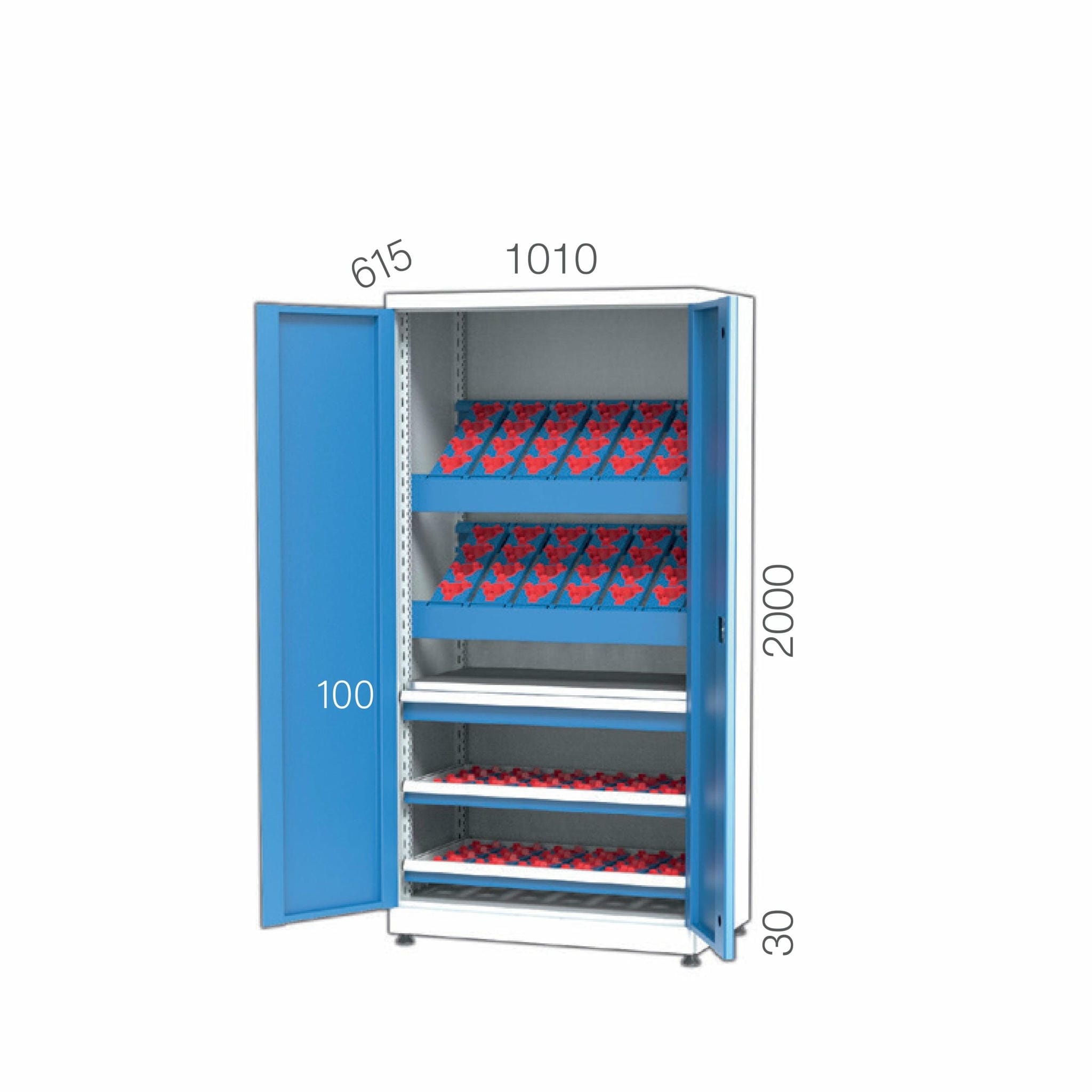 2130 – CNC TOOL CABINET WITH 1 DRAWER, 2 INCLINED CNC HOLDER SHELVES, 2 MOBILE SHELVES WITH CNC HOLDERS, 1 FIXED SHELF 2130 – CNC TOOL CABINET WITH 1 DRAWER, 2 INCLINED CNC HOLDER SHELVES, 2 MOBILE SHELVES WITH CNC HOLDERS, 1 FIXED SHELF