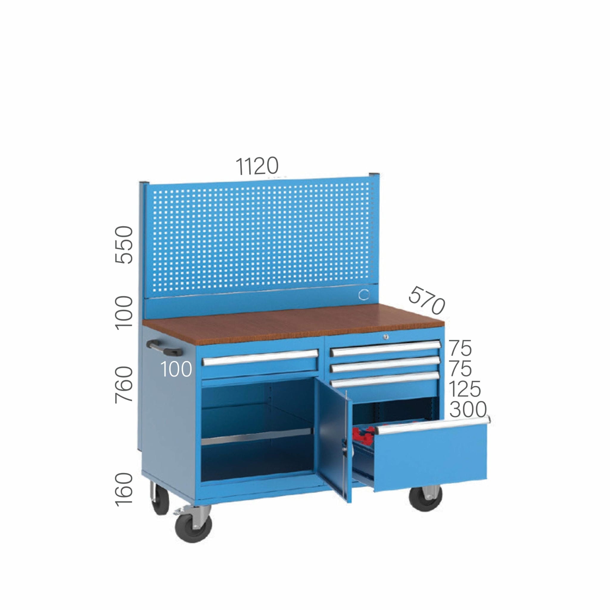 2351 – MOBILE BENCH WITH PEGBOARD 1 CUPBOARD 4 DRAWERS 1 CNC STORAGE DRAWER INCLUDING 12 MORSE HOLDERS 2351 – MOBILE BENCH WITH PEGBOARD 1 CUPBOARD 4 DRAWERS 1 CNC STORAGE DRAWER INCLUDING 12 MORSE HOLDERS